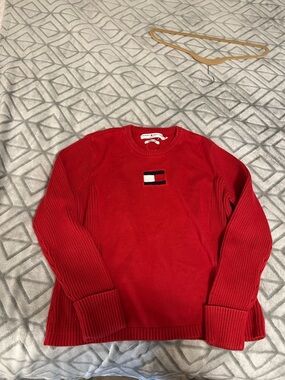 Vintage Tommy Hilfiger Red Crewneck Sweater with Signature Flag